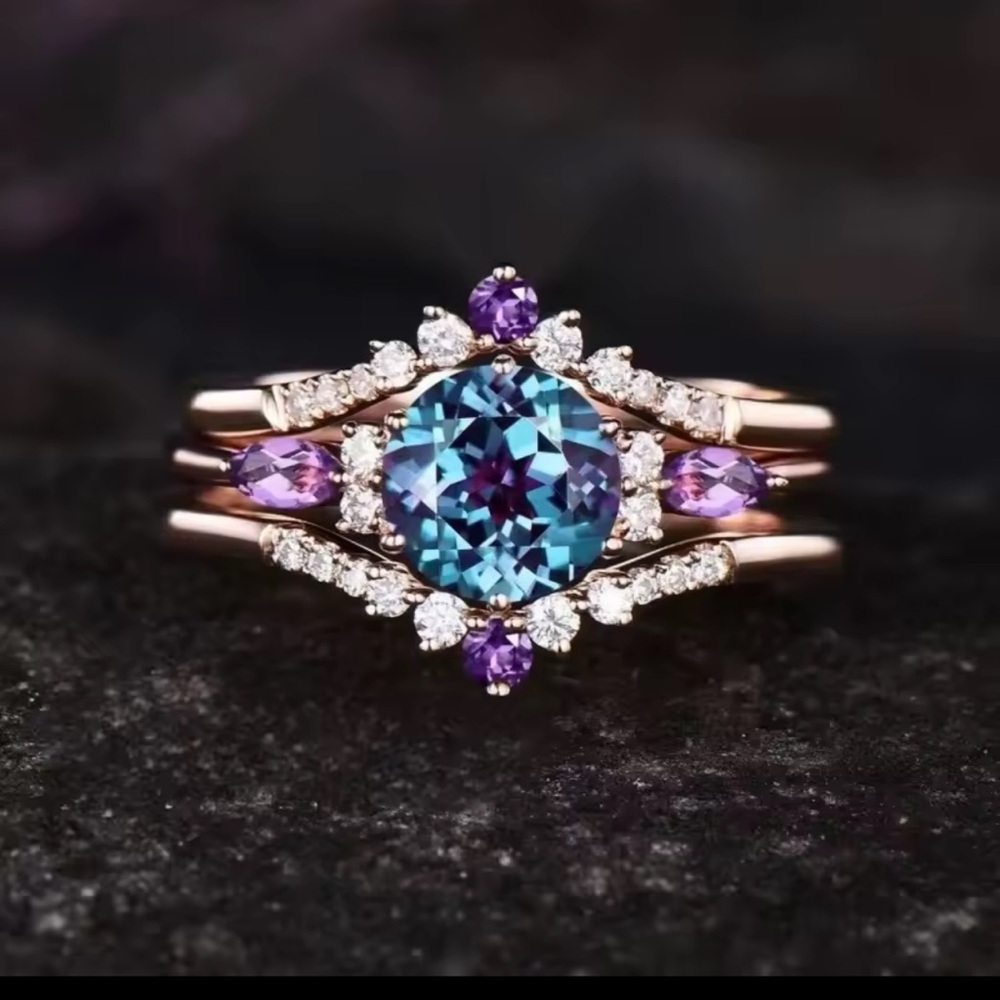 Beautiful set of 3 Rose Gold Multicolored gemstone ring size 7